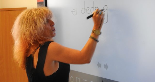 An image of a language tutor writing on an interactive board