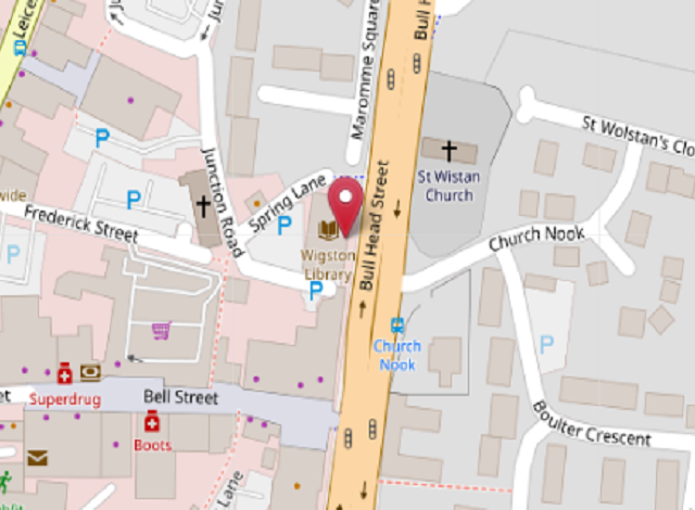 An image showing Wigston Library on map