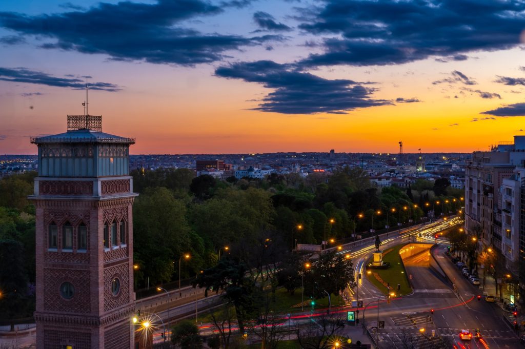 Madrid skyline at sunset