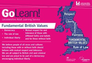 This image is of the poster, available in all classrooms and centres, explaining what Fundamental British Values are. The text lists the 4 British Values of Democracy, The rule of law, Individual liberty and Mutual respect for and tolerance of those with different faiths and beliefs, and for those without faith. It goes on to explain: "We believe people of all races and cultures, including those with or without faith, should behave with mutual respect and tolerance. We are all subject to British civil and criminal law and are proud to be part of a democracy encouraging individual liberty."