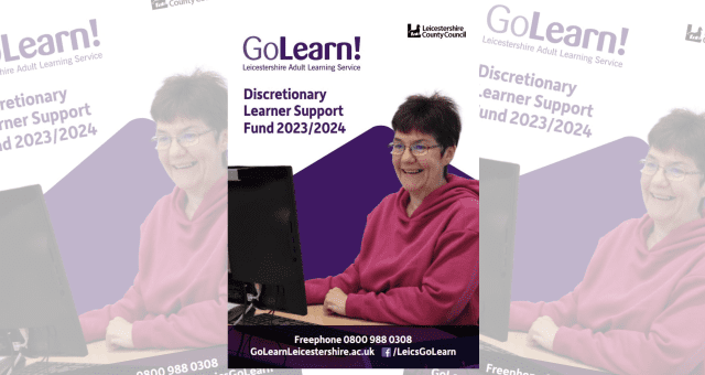 Image shows the front cover of our Discretionary Learner Support Fund Flyer. It includes a photograph of a learner laughing at her computer screen and wearing a bright pink hoodie.