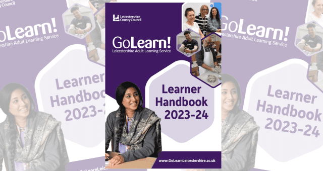 Image shows the cover of our Learner Handbook. It includes multiple image of learners and staff smiling at the camera or each other.