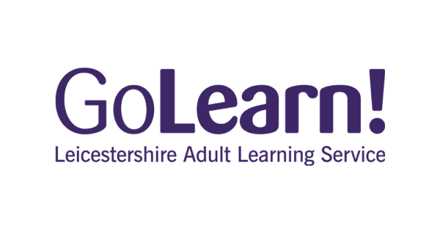 GoLearn Logo with the words GoLearn and Leicestershire Adult Learning Service in purple
