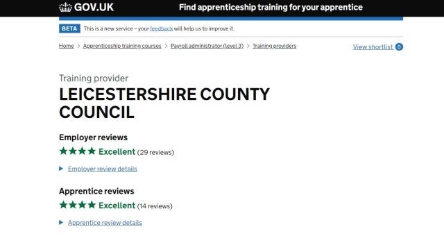 Image shows a screen shot of the Leicestershire County Council's training provider record online, showing 29 reviews and a rating of 'Excellent'.