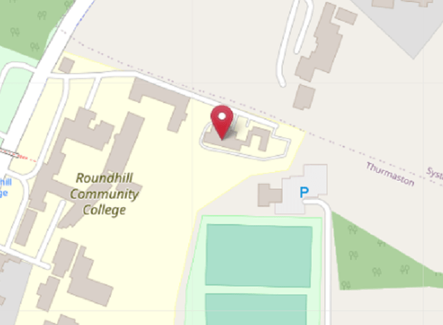 Image shows a map with a pin marking the location of the Roundhill Adult Learning centre.