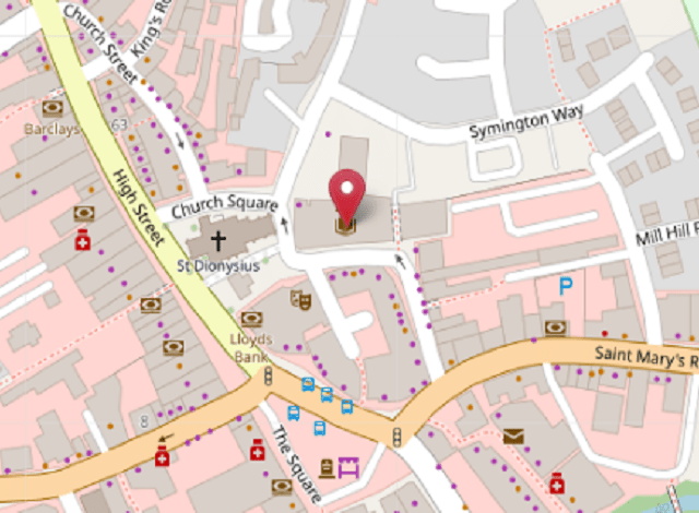 Image shows a map with a pin marking the location of the Symington Building.